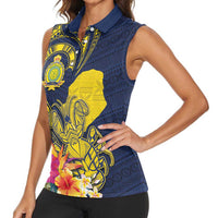 Niue Independence Day Women Sleeveless Polo Shirt Hiapo Pattern Hibiscus Plumeria and Uga LT03 - Polynesian Pride