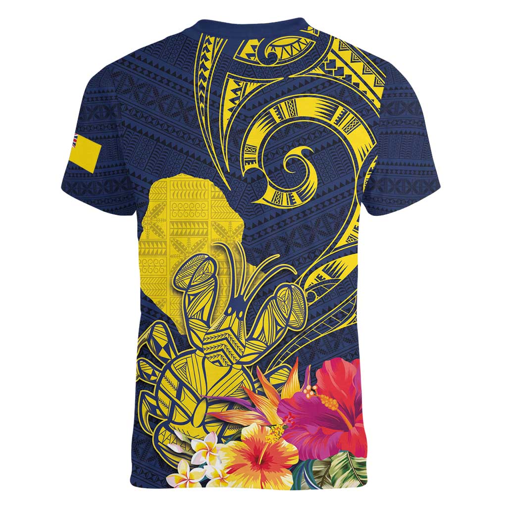 Niue Independence Day Women V-Neck T-Shirt Hiapo Pattern Hibiscus Plumeria and Uga LT03 - Polynesian Pride