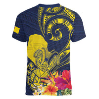 Niue Independence Day Women V-Neck T-Shirt Hiapo Pattern Hibiscus Plumeria and Uga LT03 - Polynesian Pride