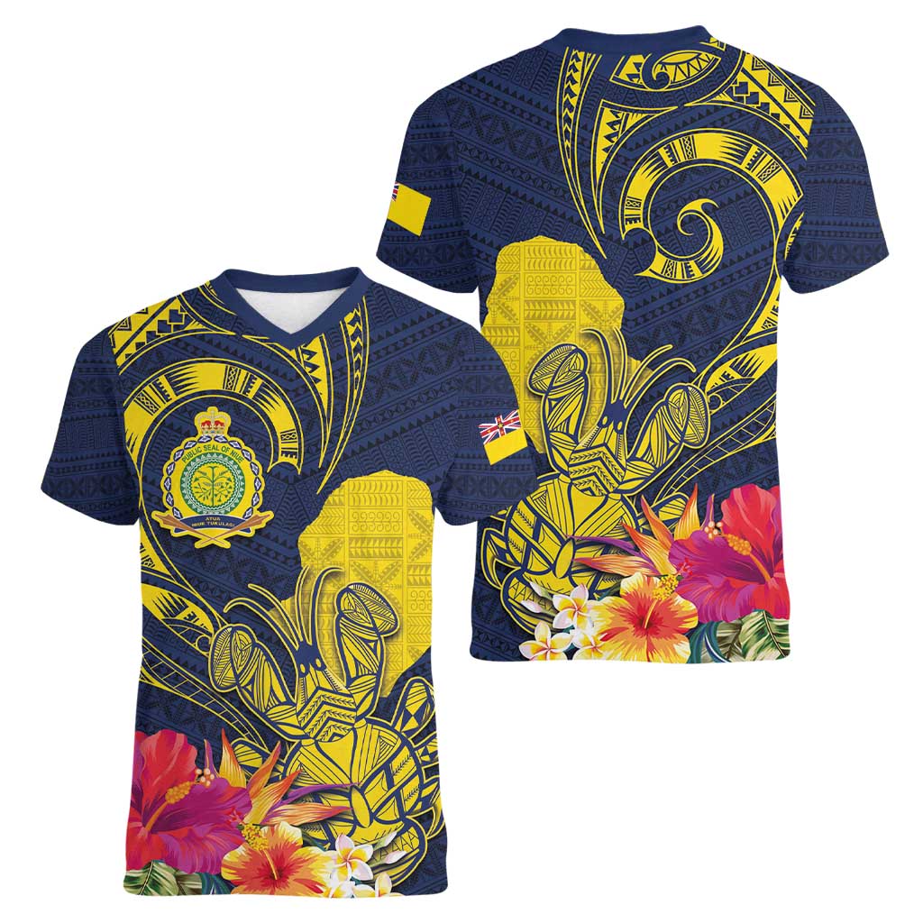 Niue Independence Day Women V-Neck T-Shirt Hiapo Pattern Hibiscus Plumeria and Uga LT03 - Polynesian Pride