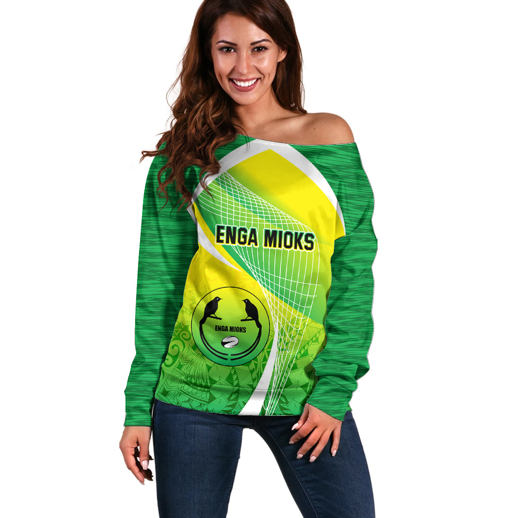 Enga Mioks Rugby Off Shoulder Sweater Papua New Guinea Polynesian Tattoo LT03 Women Green - Polynesian Pride