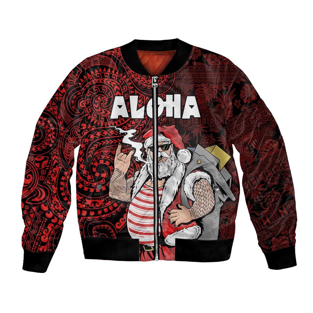 Hawaii Aloha Santa Claus Funny Polynesian Tattoo Bomber Jacket Red Color LT03 Unisex Red - Polynesian Pride