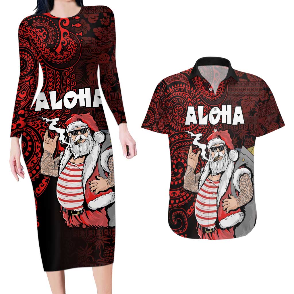Hawaii Aloha Santa Claus Funny Polynesian Tattoo Couples Matching Long Sleeve Bodycon Dress and Hawaiian Shirt Red Color LT03 Red - Polynesian Pride