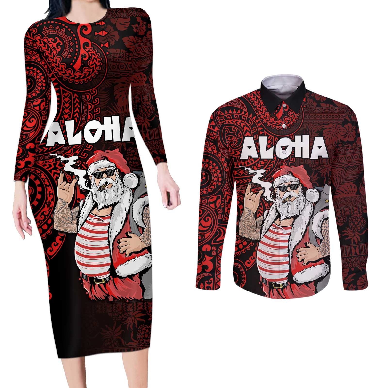 Hawaii Aloha Santa Claus Funny Polynesian Tattoo Couples Matching Long Sleeve Bodycon Dress and Long Sleeve Button Shirt Red Color