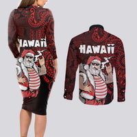 Hawaii Aloha Santa Claus Funny Polynesian Tattoo Couples Matching Long Sleeve Bodycon Dress and Long Sleeve Button Shirt Red Color