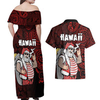 Hawaii Aloha Santa Claus Funny Polynesian Tattoo Couples Matching Off Shoulder Maxi Dress and Hawaiian Shirt Red Color LT03 - Polynesian Pride