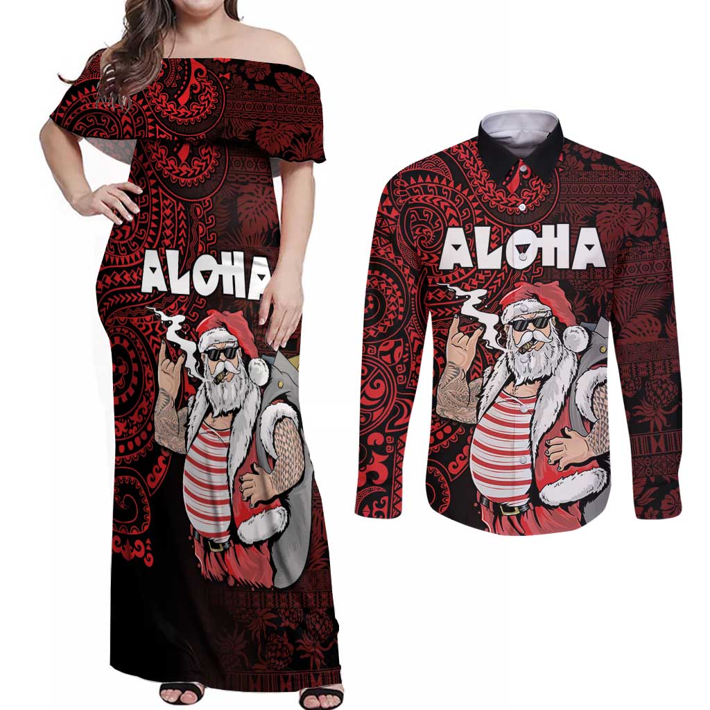 Hawaii Aloha Santa Claus Funny Polynesian Tattoo Couples Matching Off Shoulder Maxi Dress and Long Sleeve Button Shirt Red Color