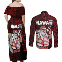 Hawaii Aloha Santa Claus Funny Polynesian Tattoo Couples Matching Off Shoulder Maxi Dress and Long Sleeve Button Shirt Red Color