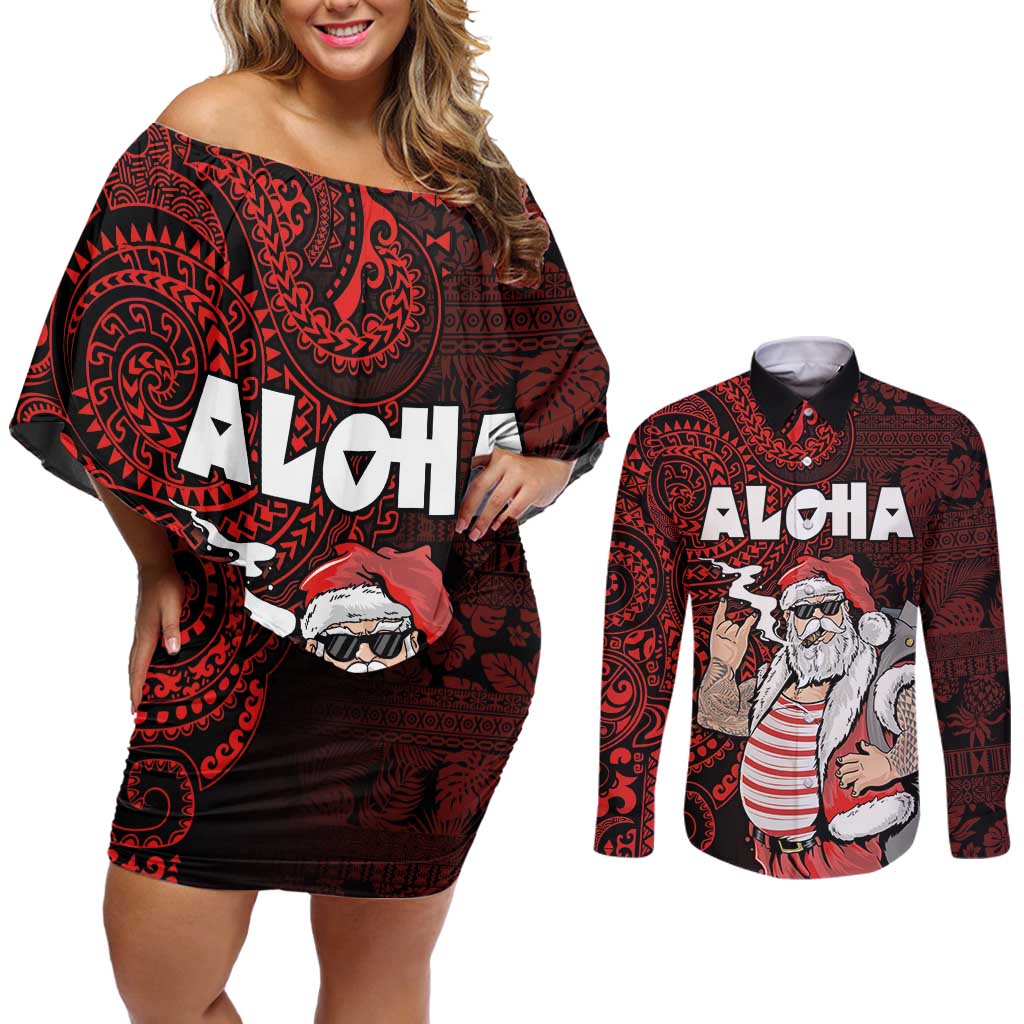 Hawaii Aloha Santa Claus Funny Polynesian Tattoo Couples Matching Off Shoulder Short Dress and Long Sleeve Button Shirt Red Color