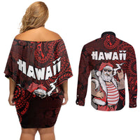 Hawaii Aloha Santa Claus Funny Polynesian Tattoo Couples Matching Off Shoulder Short Dress and Long Sleeve Button Shirt Red Color