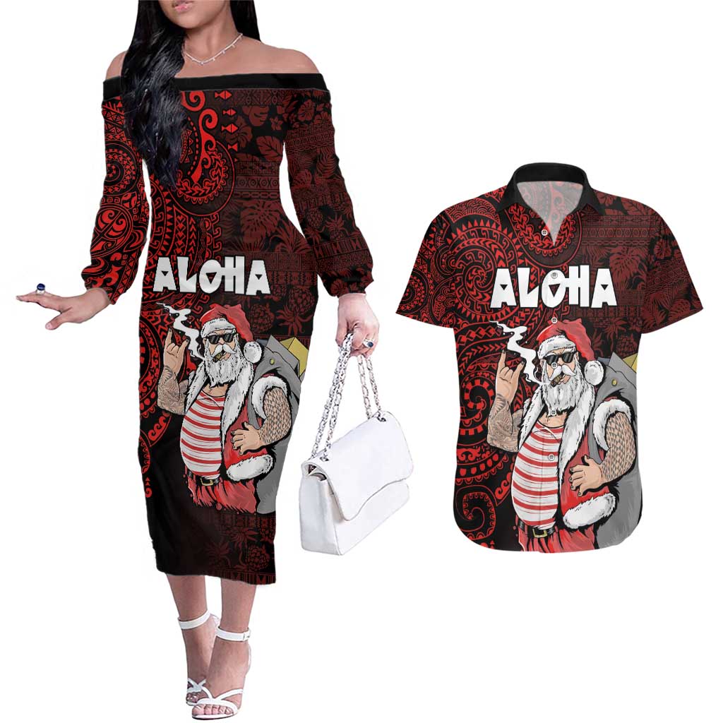 Hawaii Aloha Santa Claus Funny Polynesian Tattoo Couples Matching Off The Shoulder Long Sleeve Dress and Hawaiian Shirt Red Color