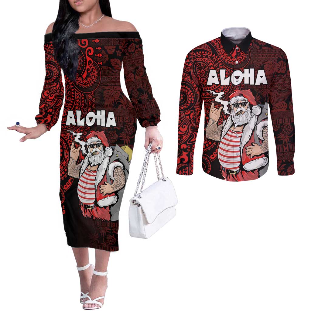 Hawaii Aloha Santa Claus Funny Polynesian Tattoo Couples Matching Off The Shoulder Long Sleeve Dress and Long Sleeve Button Shirt Red Color