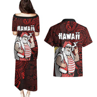 Hawaii Aloha Santa Claus Funny Polynesian Tattoo Couples Matching Puletasi and Hawaiian Shirt Red Color LT03 - Polynesian Pride