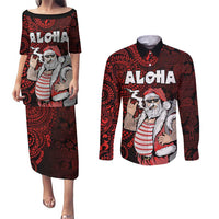 Hawaii Aloha Santa Claus Funny Polynesian Tattoo Couples Matching Puletasi and Long Sleeve Button Shirt Red Color LT03 Red - Polynesian Pride