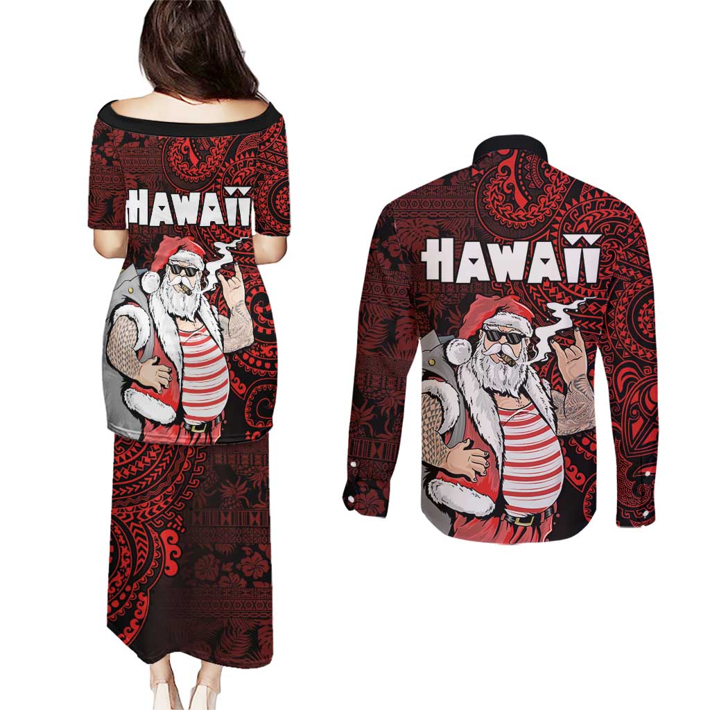 Hawaii Aloha Santa Claus Funny Polynesian Tattoo Couples Matching Puletasi and Long Sleeve Button Shirt Red Color LT03 - Polynesian Pride