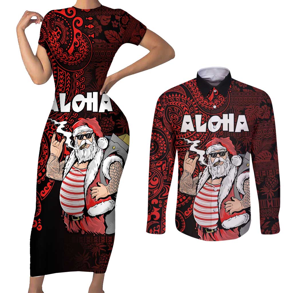 Hawaii Aloha Santa Claus Funny Polynesian Tattoo Couples Matching Short Sleeve Bodycon Dress and Long Sleeve Button Shirt Red Color