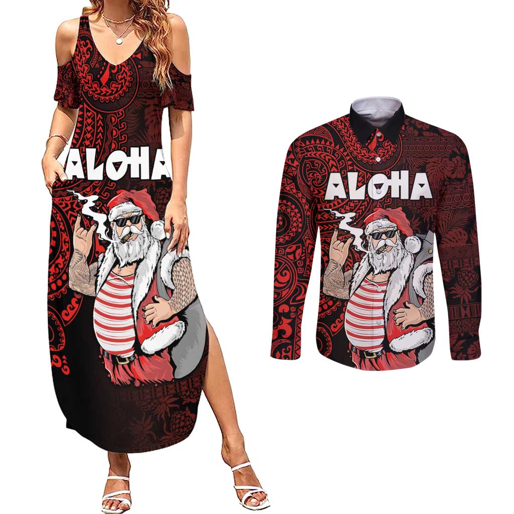 Hawaii Aloha Santa Claus Funny Polynesian Tattoo Couples Matching Summer Maxi Dress and Long Sleeve Button Shirt Red Color