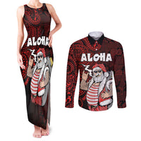 Hawaii Aloha Santa Claus Funny Polynesian Tattoo Couples Matching Tank Maxi Dress and Long Sleeve Button Shirt Red Color