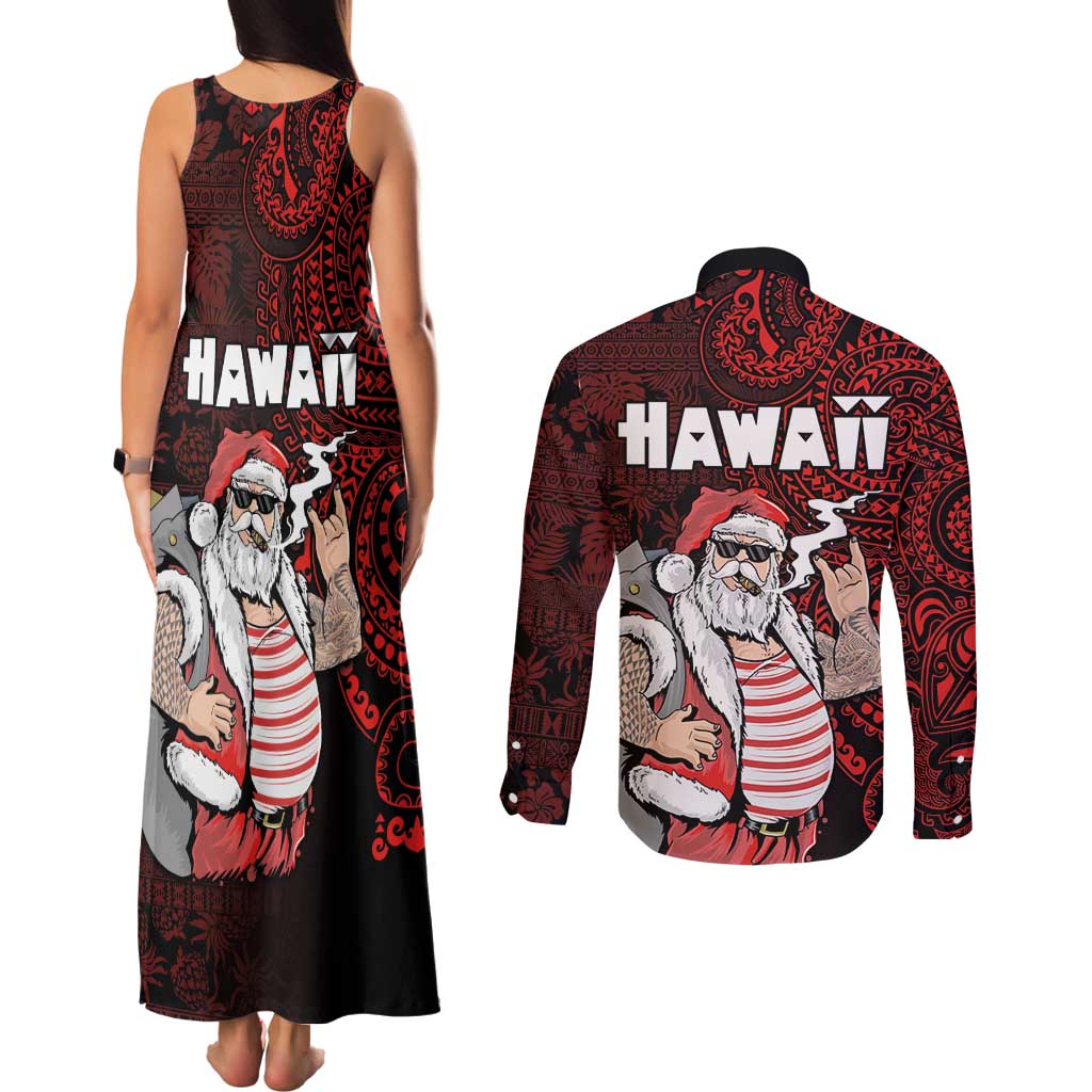 Hawaii Aloha Santa Claus Funny Polynesian Tattoo Couples Matching Tank Maxi Dress and Long Sleeve Button Shirt Red Color