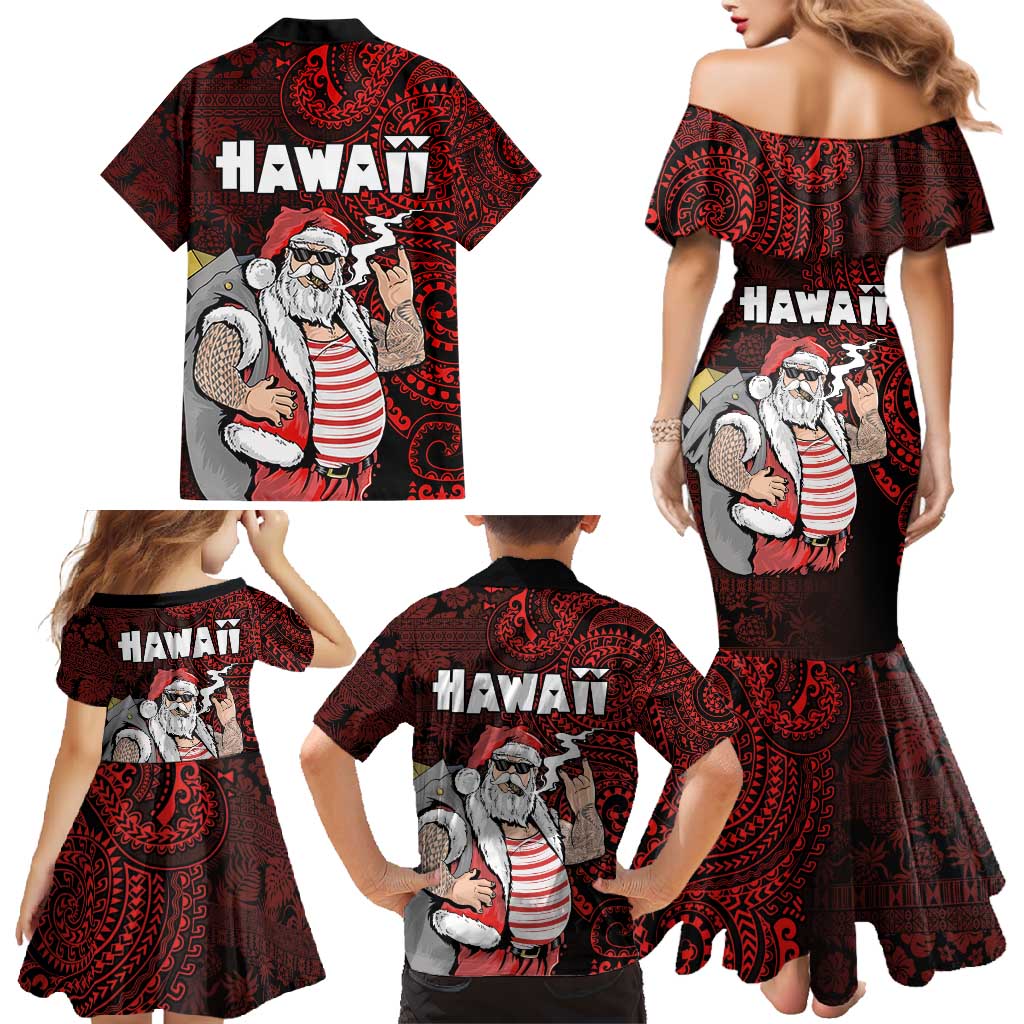 Hawaii Aloha Santa Claus Funny Polynesian Tattoo Family Matching Mermaid Dress and Hawaiian Shirt Red Color LT03 - Polynesian Pride
