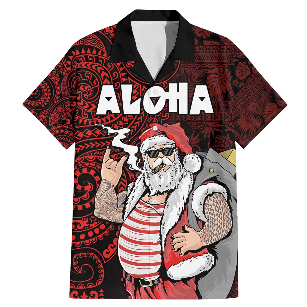 Hawaii Aloha Santa Claus Funny Polynesian Tattoo Family Matching Mermaid Dress and Hawaiian Shirt Red Color LT03 Dad's Shirt - Short Sleeve Red - Polynesian Pride