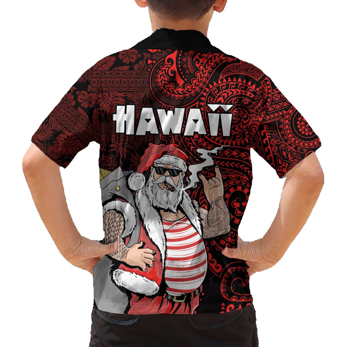 Hawaii Aloha Santa Claus Funny Polynesian Tattoo Family Matching Off The Shoulder Long Sleeve Dress and Hawaiian Shirt Red Color LT03 - Polynesian Pride