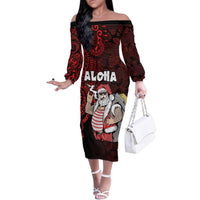 Hawaii Aloha Santa Claus Funny Polynesian Tattoo Family Matching Off The Shoulder Long Sleeve Dress and Hawaiian Shirt Red Color LT03 Mom's Dress Red - Polynesian Pride