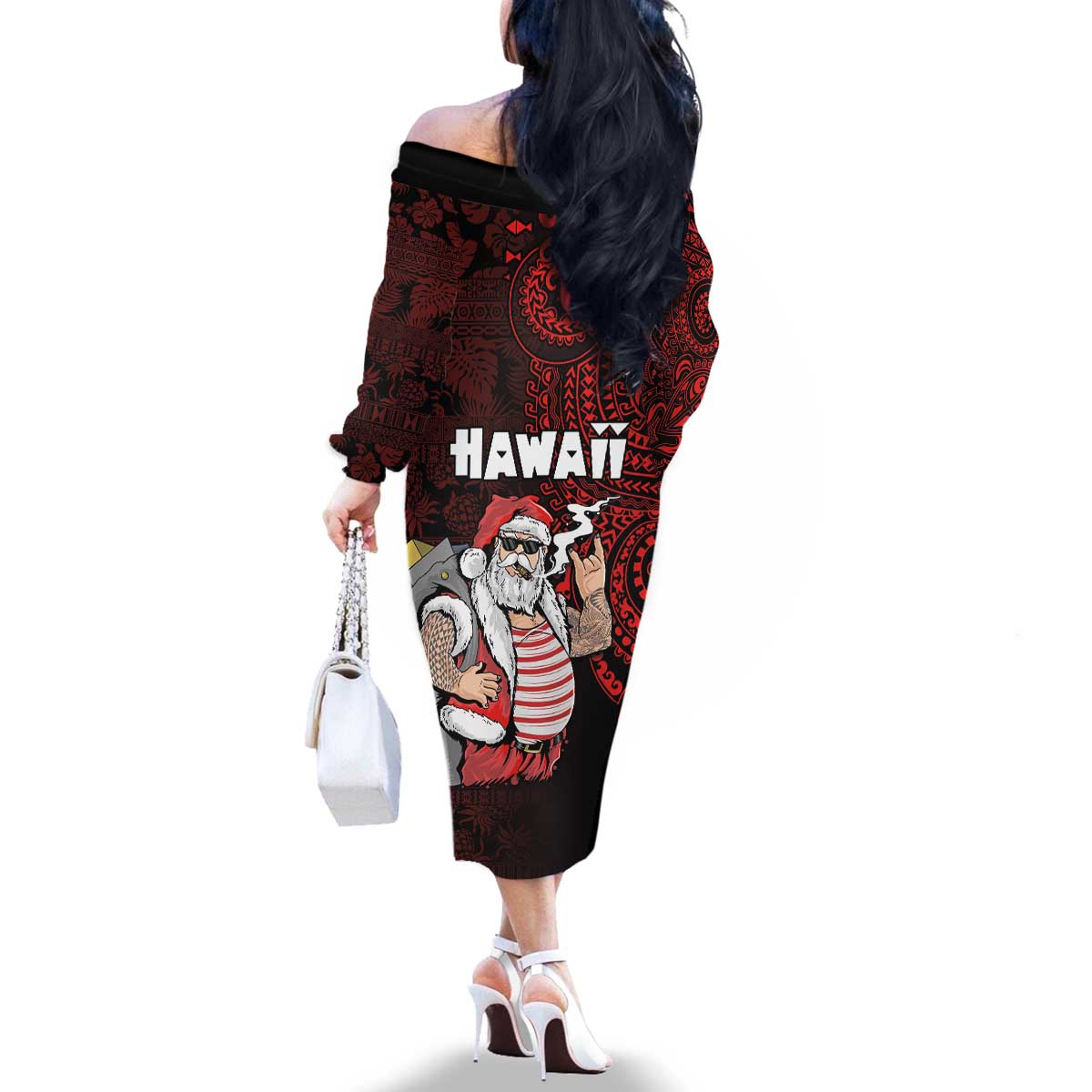 Hawaii Aloha Santa Claus Funny Polynesian Tattoo Family Matching Off The Shoulder Long Sleeve Dress and Hawaiian Shirt Red Color LT03 - Polynesian Pride