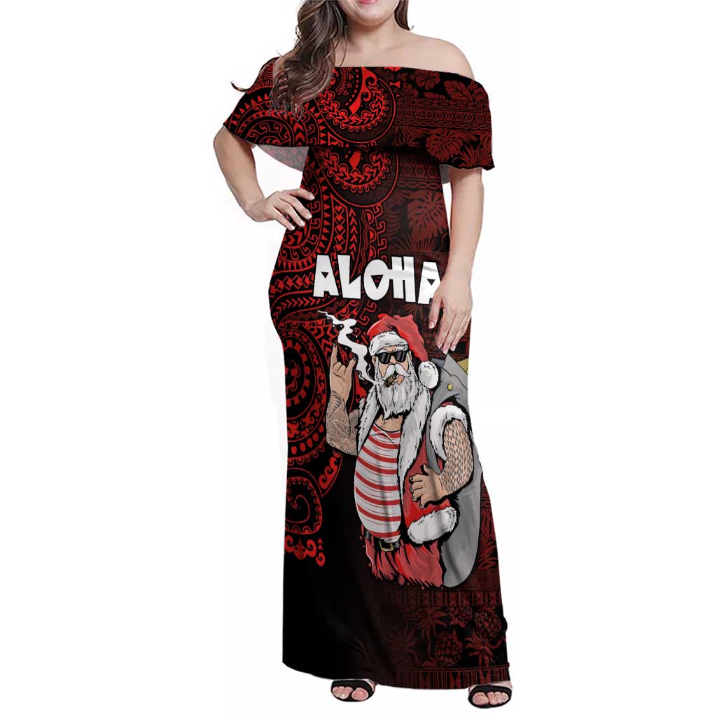Hawaii Aloha Santa Claus Funny Polynesian Tattoo Family Matching Off Shoulder Maxi Dress and Hawaiian Shirt Red Color LT03 Mom's Dress Red - Polynesian Pride
