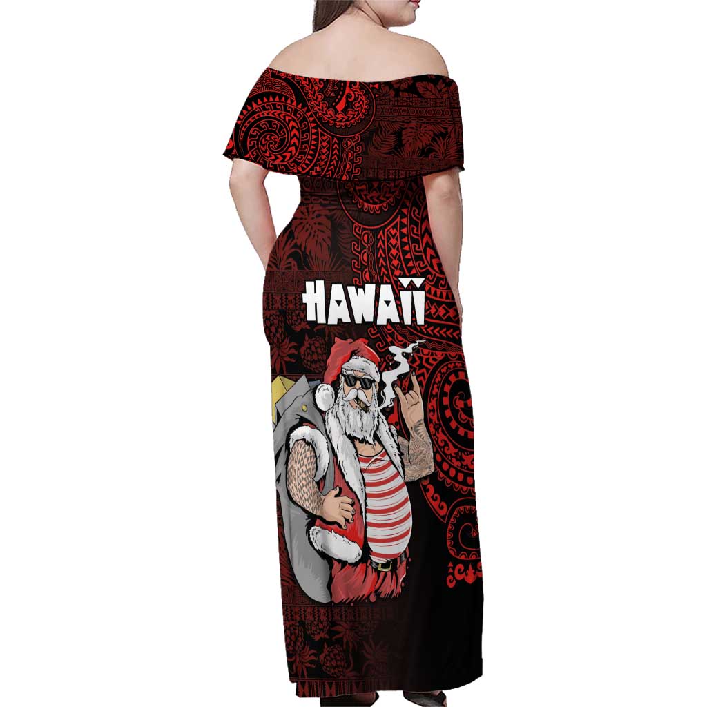 Hawaii Aloha Santa Claus Funny Polynesian Tattoo Family Matching Off Shoulder Maxi Dress and Hawaiian Shirt Red Color LT03 - Polynesian Pride