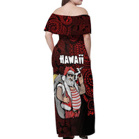 Hawaii Aloha Santa Claus Funny Polynesian Tattoo Family Matching Off Shoulder Maxi Dress and Hawaiian Shirt Red Color LT03 - Polynesian Pride