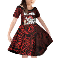 Hawaii Aloha Santa Claus Funny Polynesian Tattoo Family Matching Off Shoulder Short Dress and Hawaiian Shirt Red Color LT03 Daughter's Dress Red - Polynesian Pride