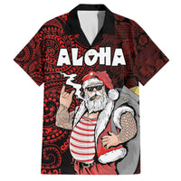Hawaii Aloha Santa Claus Funny Polynesian Tattoo Family Matching Off Shoulder Short Dress and Hawaiian Shirt Red Color LT03 Dad's Shirt - Short Sleeve Red - Polynesian Pride