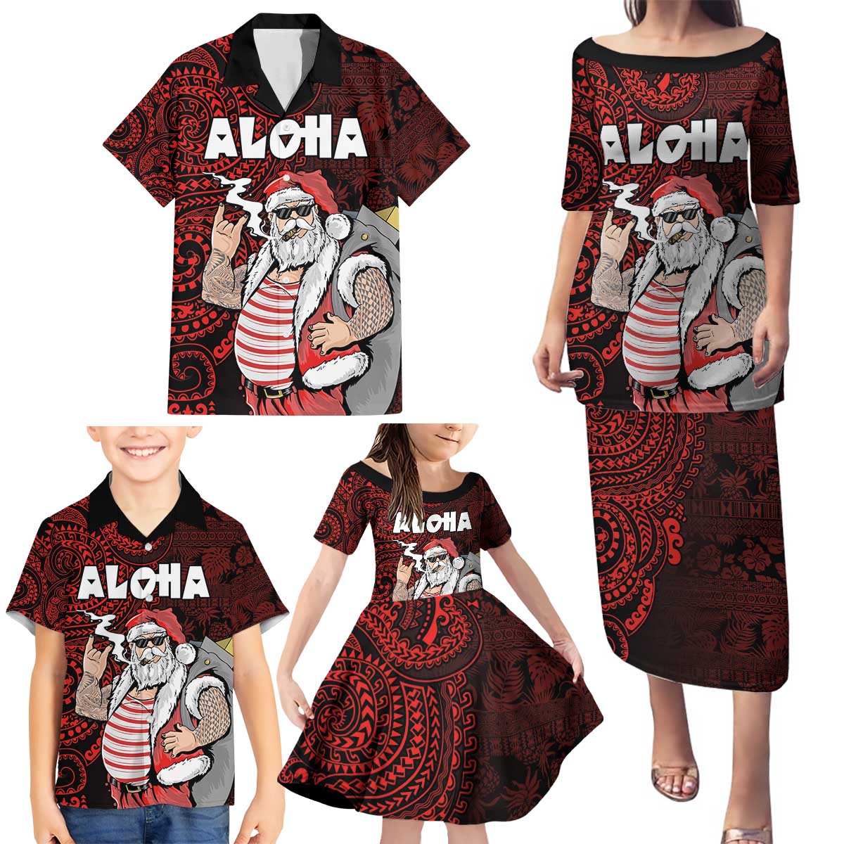 Hawaii Aloha Santa Claus Funny Polynesian Tattoo Family Matching Puletasi and Hawaiian Shirt Red Color LT03 - Polynesian Pride