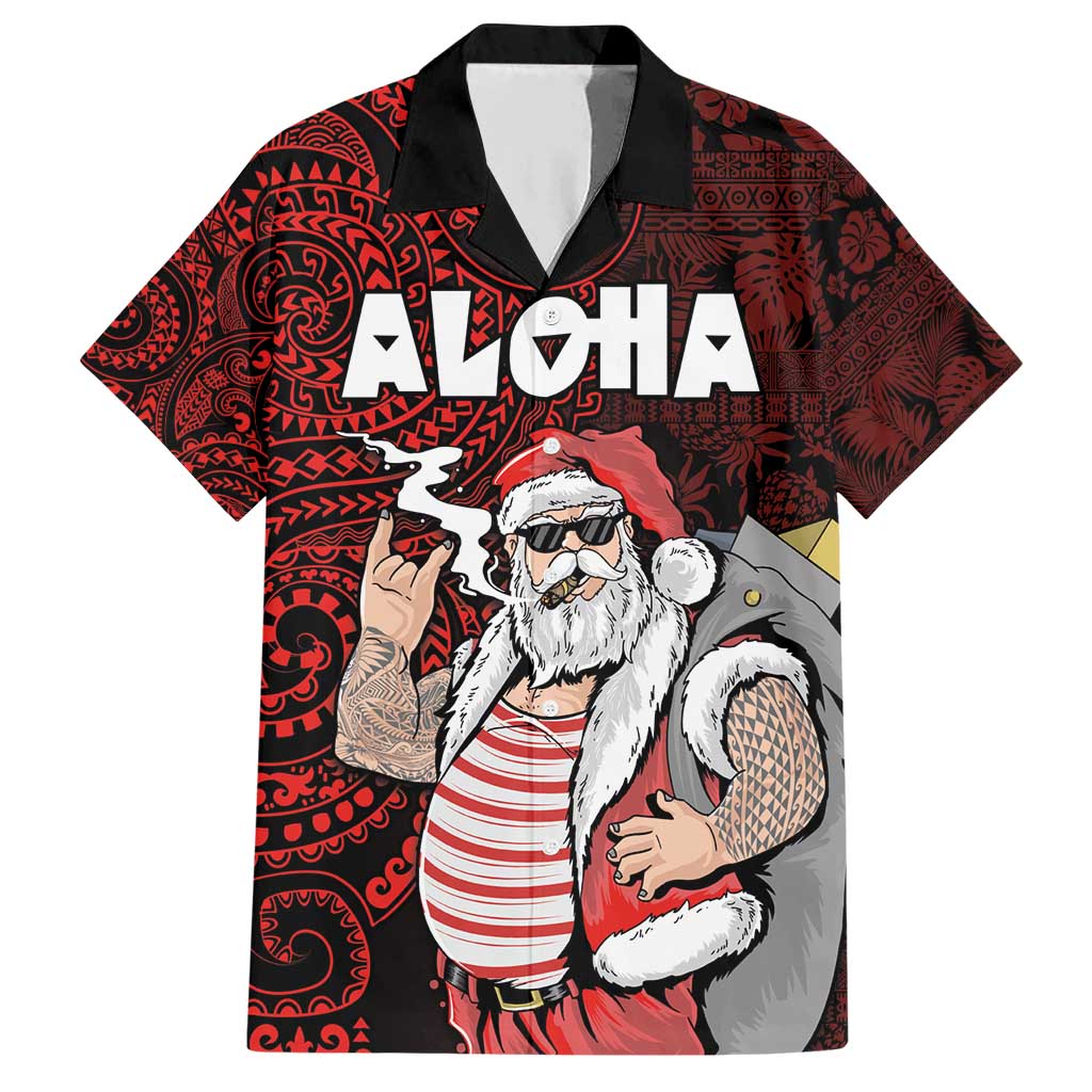 Hawaii Aloha Santa Claus Funny Polynesian Tattoo Family Matching Short Sleeve Bodycon Dress and Hawaiian Shirt Red Color LT03 Dad's Shirt - Short Sleeve Red - Polynesian Pride