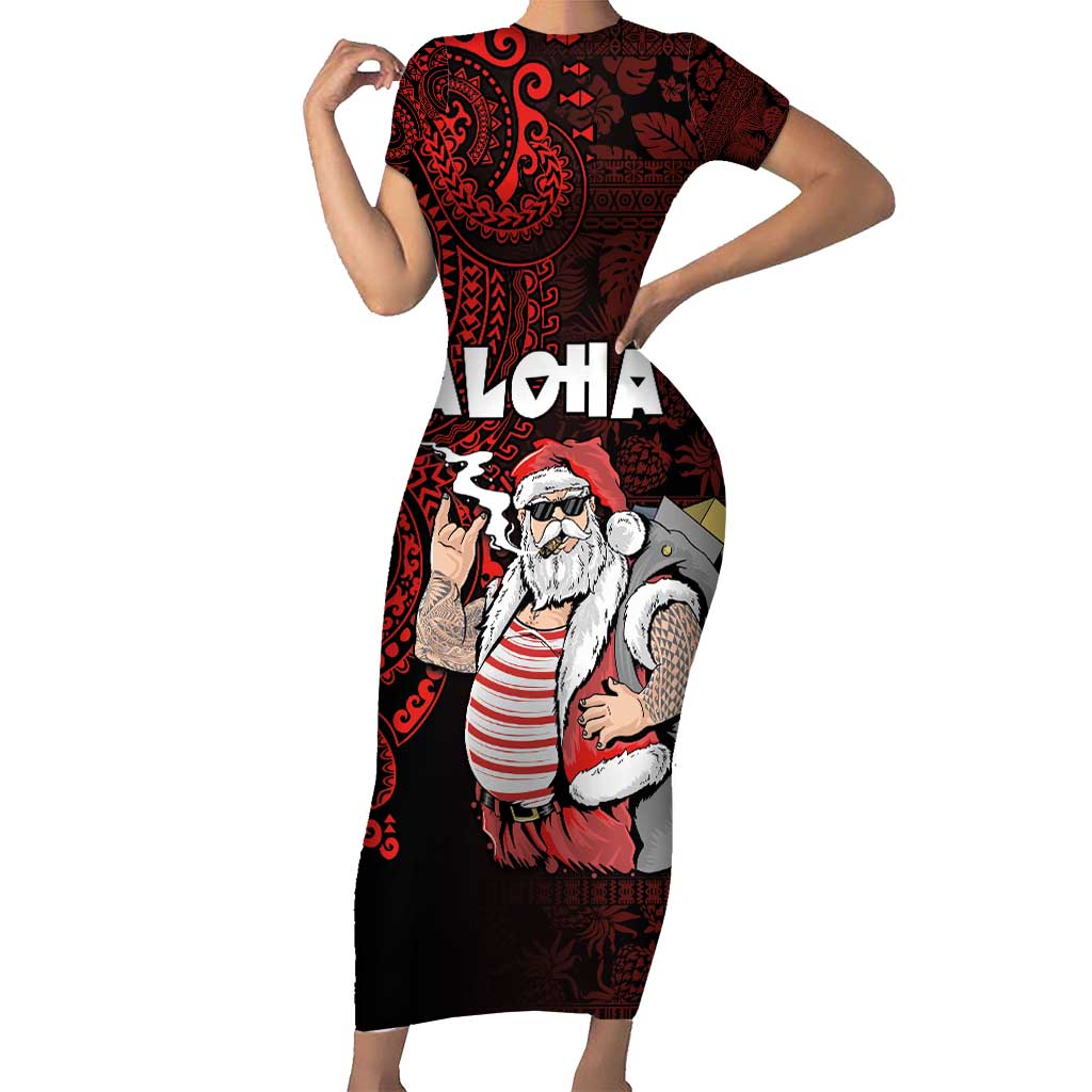 Hawaii Aloha Santa Claus Funny Polynesian Tattoo Family Matching Short Sleeve Bodycon Dress and Hawaiian Shirt Red Color LT03 Mom's Dress Red - Polynesian Pride