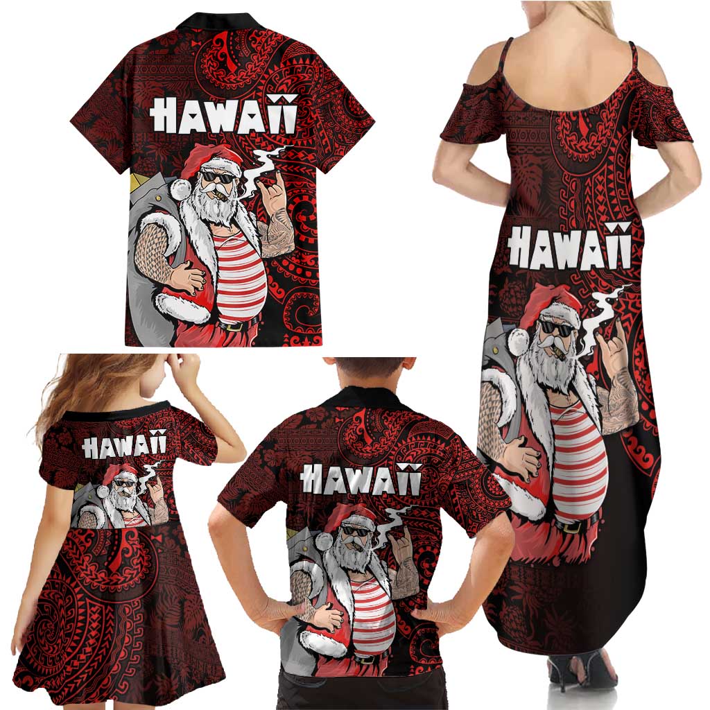 Hawaii Aloha Santa Claus Funny Polynesian Tattoo Family Matching Summer Maxi Dress and Hawaiian Shirt Red Color LT03 - Polynesian Pride