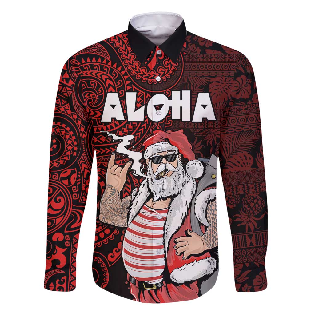 Hawaii Aloha Santa Claus Funny Polynesian Tattoo Family Matching Summer Maxi Dress and Hawaiian Shirt Red Color LT03 Dad's Shirt - Long Sleeve Red - Polynesian Pride