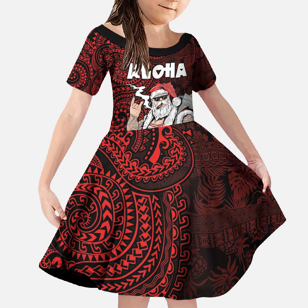 Hawaii Aloha Santa Claus Funny Polynesian Tattoo Family Matching Tank Maxi Dress and Hawaiian Shirt Red Color LT03 Daughter's Dress Red - Polynesian Pride