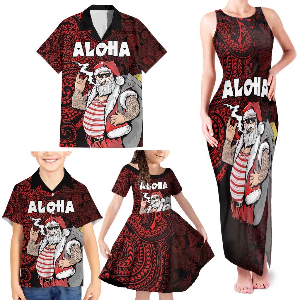 Hawaii Aloha Santa Claus Funny Polynesian Tattoo Family Matching Tank Maxi Dress and Hawaiian Shirt Red Color LT03 - Polynesian Pride