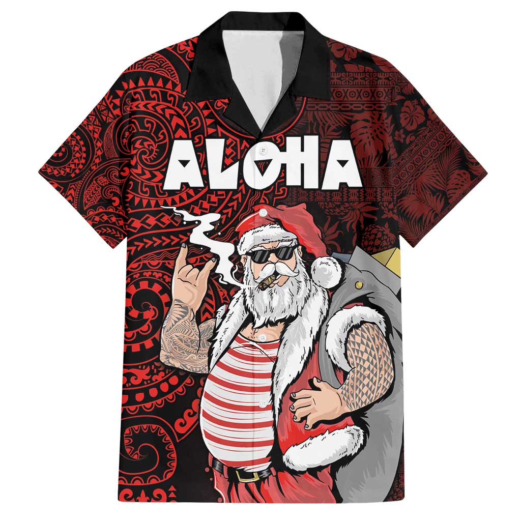Hawaii Aloha Santa Claus Funny Polynesian Tattoo Family Matching Tank Maxi Dress and Hawaiian Shirt Red Color LT03 Dad's Shirt - Short Sleeve Red - Polynesian Pride