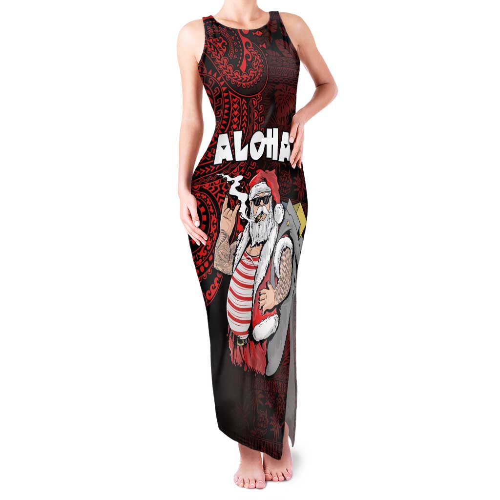 Hawaii Aloha Santa Claus Funny Polynesian Tattoo Family Matching Tank Maxi Dress and Hawaiian Shirt Red Color LT03 Mom's Dress Red - Polynesian Pride