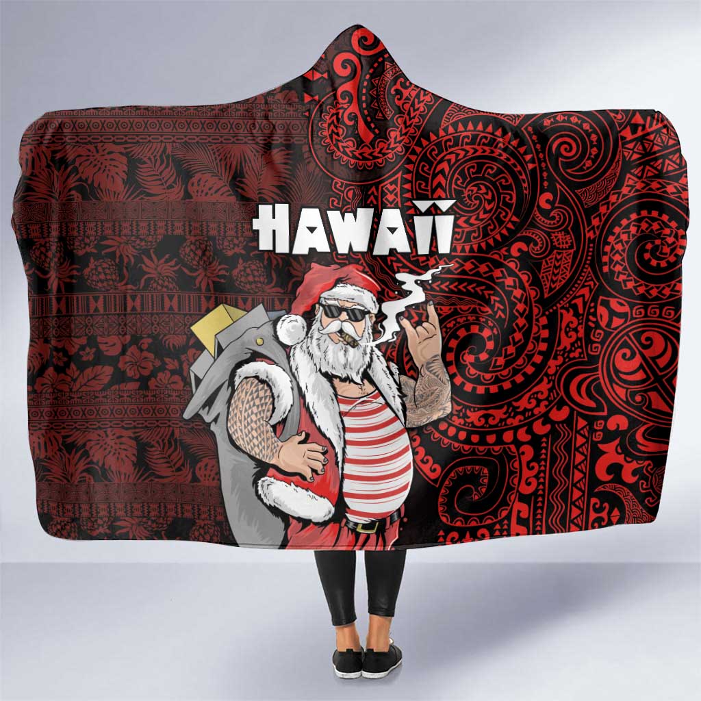 Hawaii Aloha Santa Claus Funny Polynesian Tattoo Hooded Blanket Red Color LT03 One Size Red - Polynesian Pride