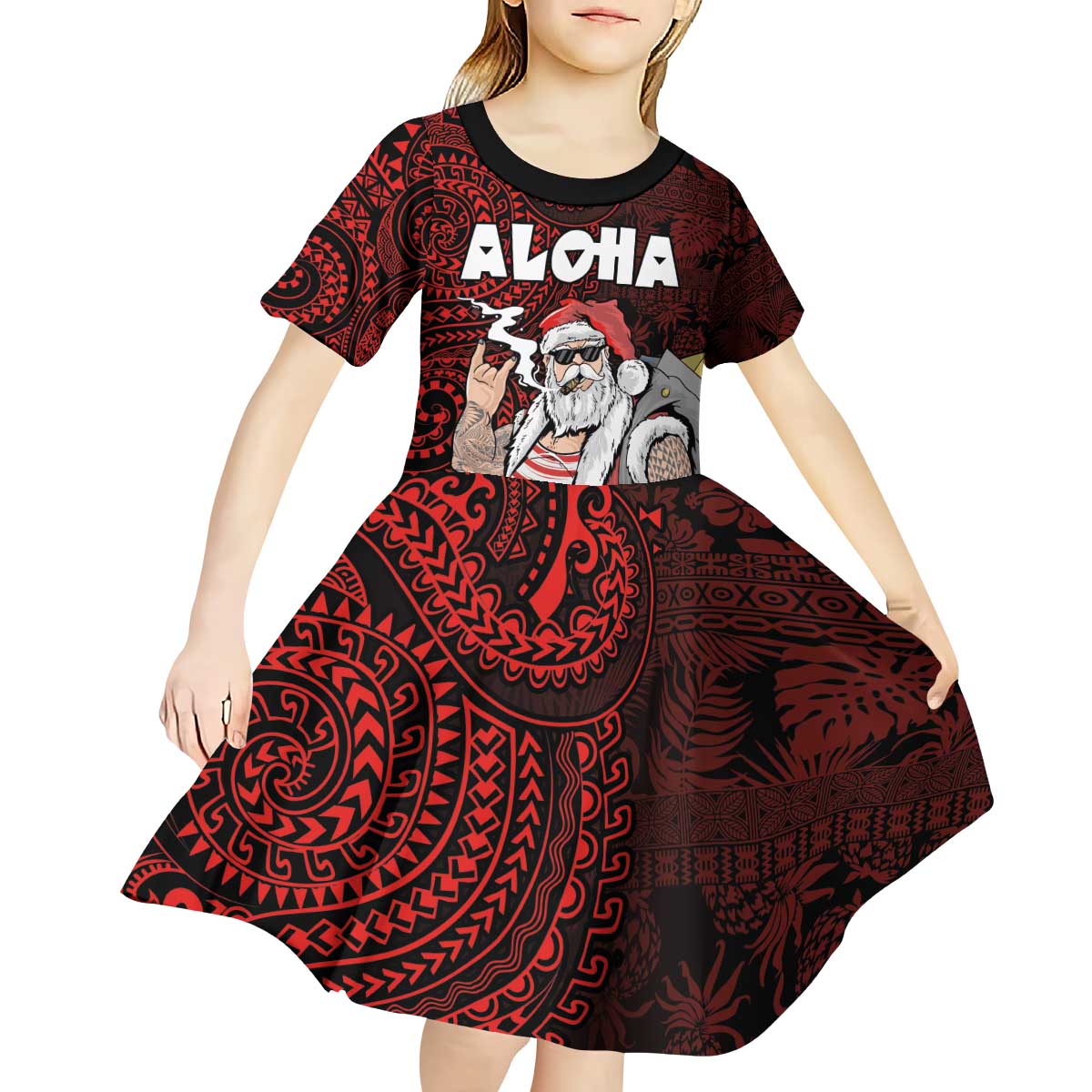 Hawaii Aloha Santa Claus Funny Polynesian Tattoo Kid Short Sleeve Dress Red Color LT03 - Polynesian Pride