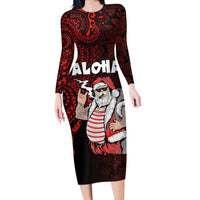 Hawaii Aloha Santa Claus Funny Polynesian Tattoo Long Sleeve Bodycon Dress Red Color LT03 Long Dress Red - Polynesian Pride