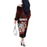 Hawaii Aloha Santa Claus Funny Polynesian Tattoo Off The Shoulder Long Sleeve Dress Red Color LT03 - Polynesian Pride