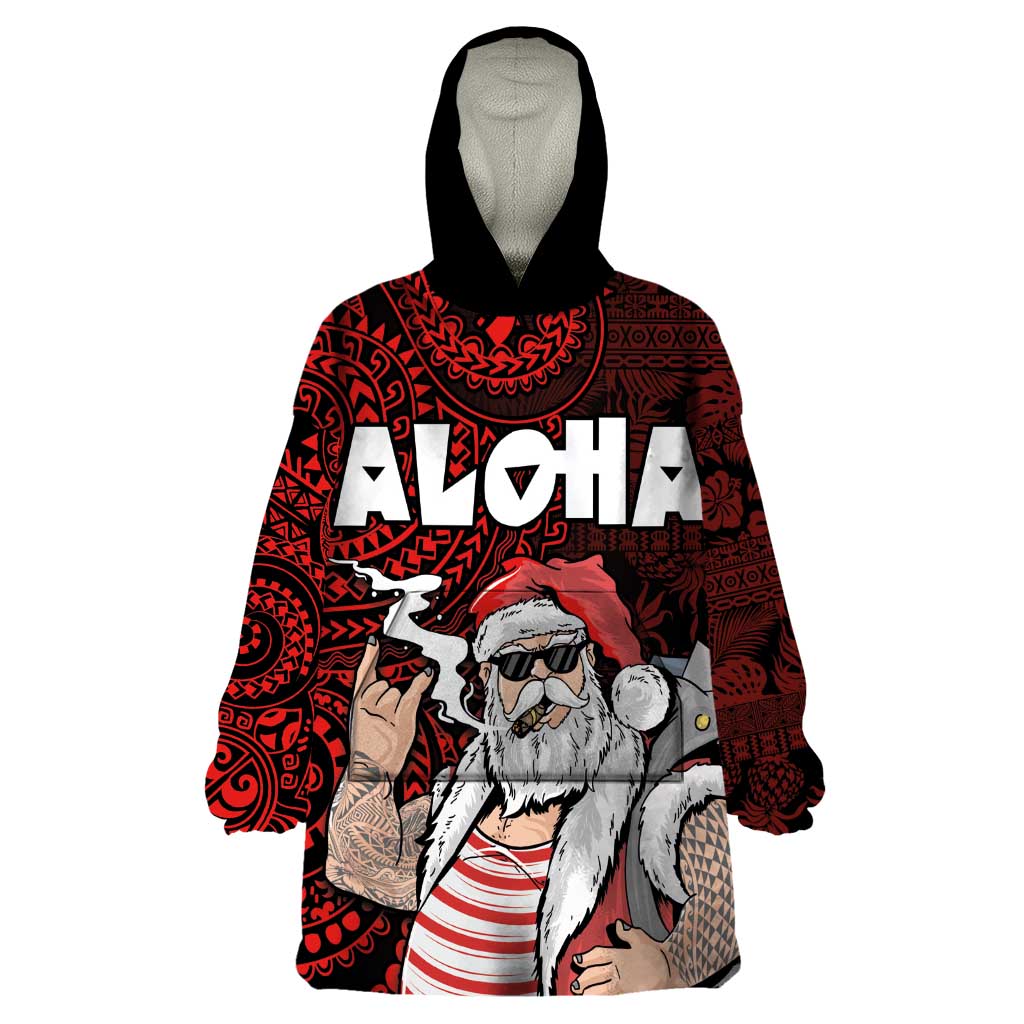 Hawaii Aloha Santa Claus Funny Polynesian Tattoo Wearable Blanket Hoodie Red Color LT03 One Size Red - Polynesian Pride