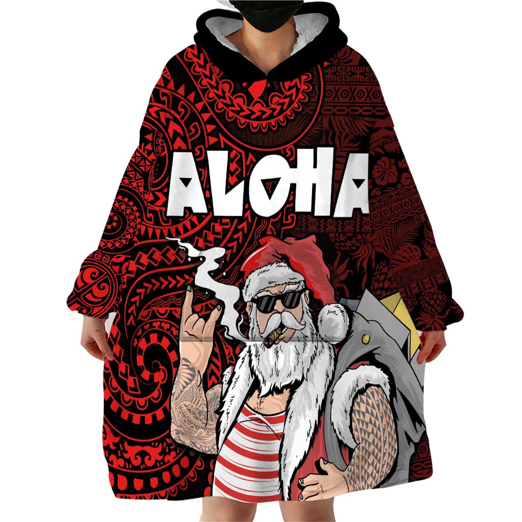 Hawaii Aloha Santa Claus Funny Polynesian Tattoo Wearable Blanket Hoodie Red Color LT03 - Polynesian Pride