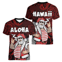 Hawaii Aloha Santa Claus Funny Polynesian Tattoo Women V-Neck T-Shirt Red Color LT03 - Polynesian Pride