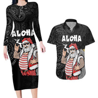 Hawaii Aloha Santa Claus Funny Polynesian Tattoo Couples Matching Long Sleeve Bodycon Dress and Hawaiian Shirt Black Color LT03 Black - Polynesian Pride